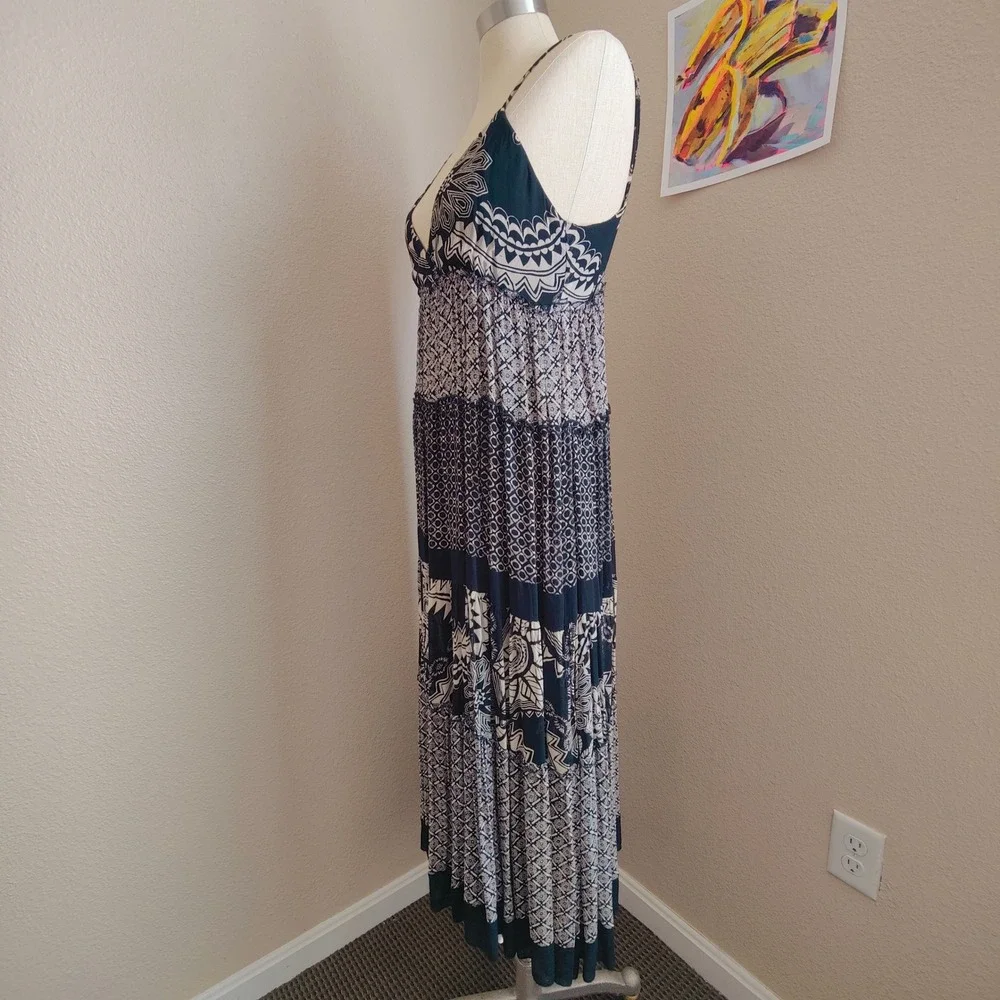 Temptation Boho Patchwork Maxi Dress Black Empire Tiered Spaghetti Strap Rayon M